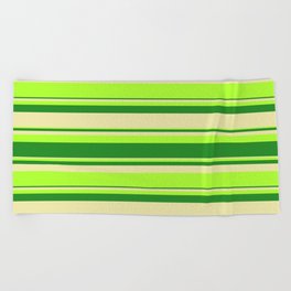 [ Thumbnail: Light Green, Forest Green, and Pale Goldenrod Colored Lines Pattern Beach Towel ]