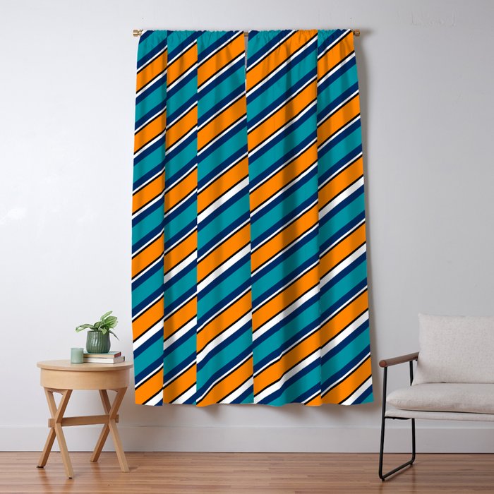 Team Colors 1 Teal Navy White And Orange Stripe Blackout Curtain