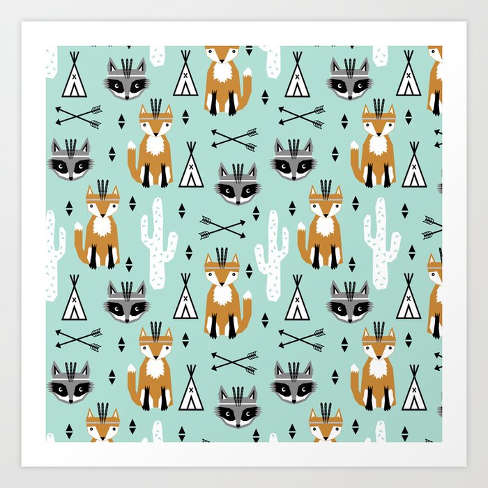 Fox and raccoon cute kids pattern teepee arrows southwest animals girls and boys decor Art Print