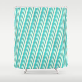[ Thumbnail: Beige and Turquoise Colored Lines Pattern Shower Curtain ]