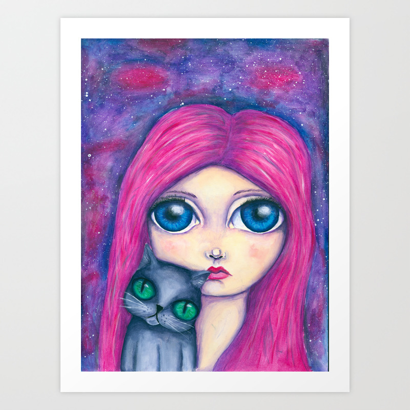 Big Eyes Girl With Pink Hair And Her Cat Compangnon Art Print By