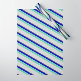 [ Thumbnail: Dim Grey, Blue, Aquamarine & Light Grey Colored Lined/Striped Pattern Wrapping Paper ]