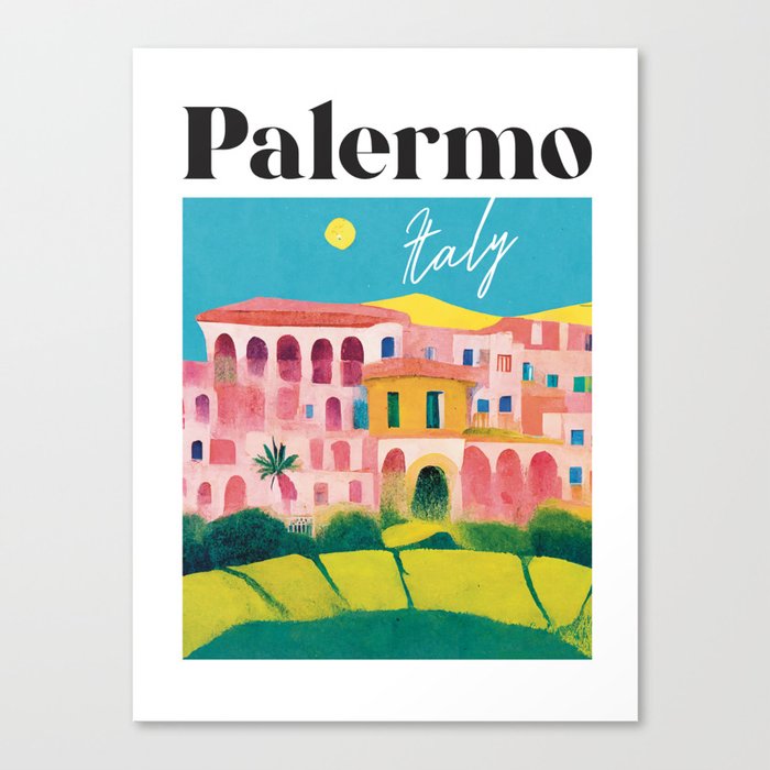 Colorful Palermo Italy Gouache Travel Poster Retro Canvas Print