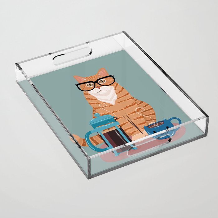 Ginger Nerd Cat and Coffee Acrylic Tray