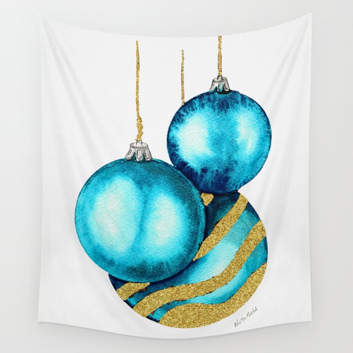 Light Blue and Golden Christmas Balls Wall Tapestry