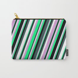[ Thumbnail: Plum, Green, Black, Dark Slate Gray & White Colored Striped/Lined Pattern Carry-All Pouch ]