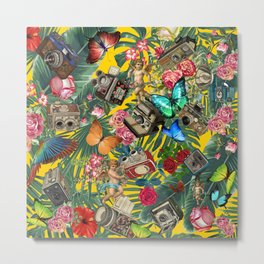 tropical in yellow Metal Print | Graphicdesign, Floralpattern, Butterfly, Cuteanimals, Tropical, Vegetation, Tropicalleaves, Pop Art, Summer, Cool 