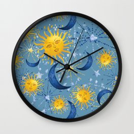 Sun Moon and Stars pattern Wall Clock | Zodiac, Sky, Galaxy, Sunshine, Horoscope, Stars, Vintage, Watercolor, Cosmo, Moon 
