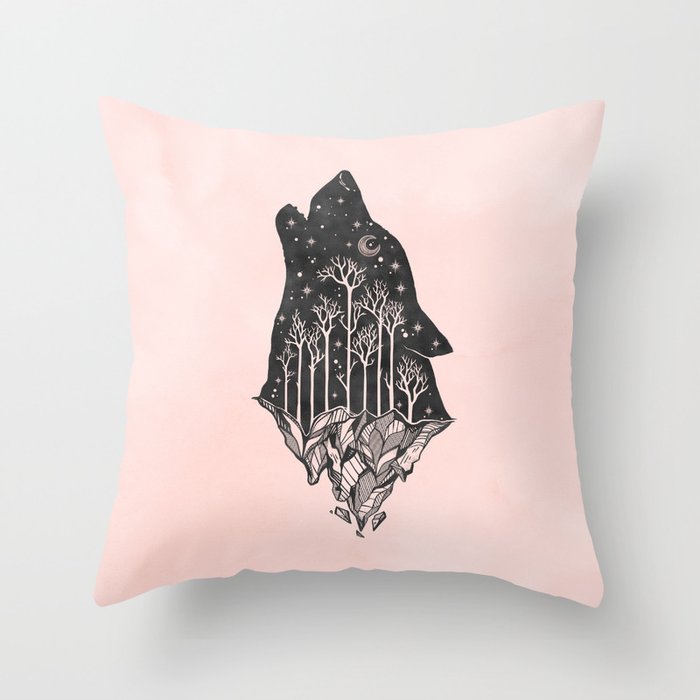 Adventure Wolf - Nature Mountains Wolves Howling Design Black on Pale Pink Throw Pillow