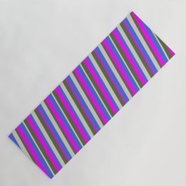 [ Thumbnail: Royal Blue, Light Grey, Dark Olive Green, and Fuchsia Colored Stripes Pattern Yoga Mat ]