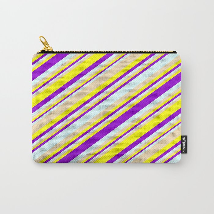 Tan, Yellow, Dark Violet & Light Cyan Colored Striped Pattern Carry-All Pouch