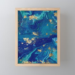 Blue & Gold Liquid Marble Swirls Framed Mini Art Print