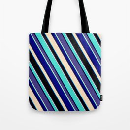 [ Thumbnail: Eye-catching Dark Slate Blue, Bisque, Turquoise, Blue, and Black Colored Lined/Striped Pattern Tote Bag ]