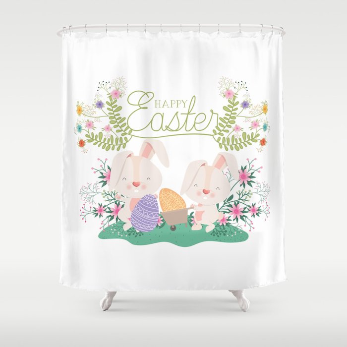 Happy Easter Baby Bunnies, Eggs and Pastel Flowers 2 Shower Curtain