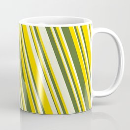 [ Thumbnail: Yellow, Dark Olive Green & Beige Colored Striped Pattern Coffee Mug ]
