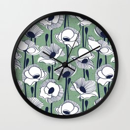 Field of white poppies // jade green background white wildflowers oxford navy blue lines Wall Clock