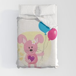 Cute pink bunny holding a balloon. Duvet Cover