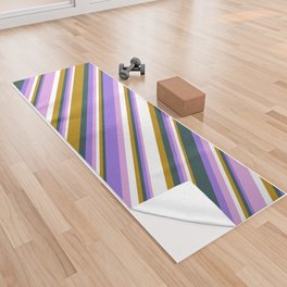 [ Thumbnail: Colorful Dark Goldenrod, White, Plum, Purple & Dark Slate Gray Colored Lines/Stripes Pattern Yoga Towel ]