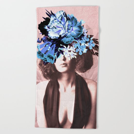 Floral Woman Vintage Blue and Pink Rose Gold Beach Towel