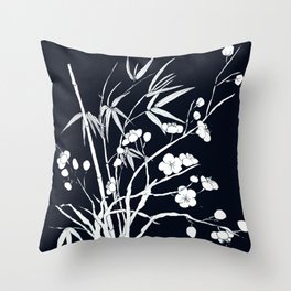 bamboo and plum flower white on black Throw Pillow