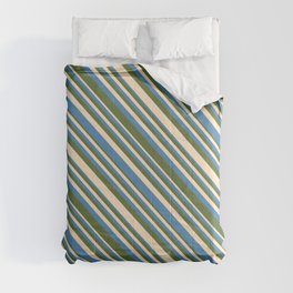 [ Thumbnail: Bisque, Blue, and Dark Olive Green Colored Lines/Stripes Pattern Comforter ]