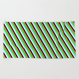 [ Thumbnail: Eye-catching Red, Lime, Light Sky Blue, Mint Cream & Black Colored Lined Pattern Beach Towel ]