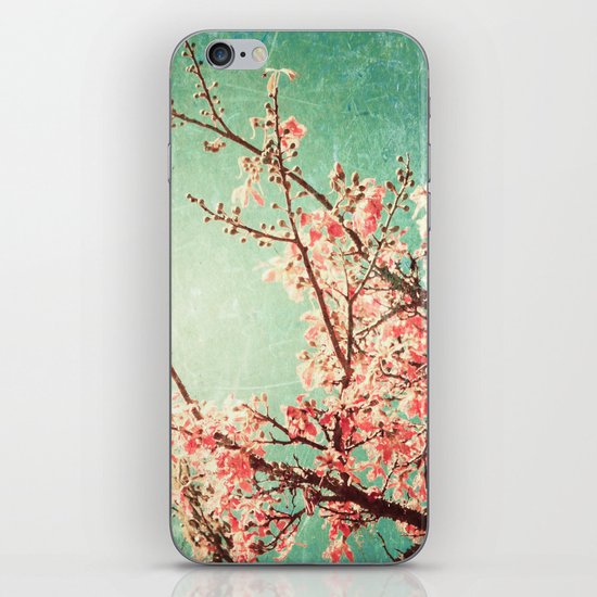 Pink Autumn Leafs on Blue Textured Sky (Vintage Nature Photography) iPhone & iPod Skin