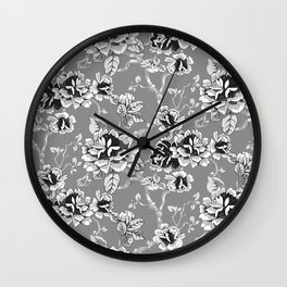 Spring Flowers Pattern Black and White Wall Clock