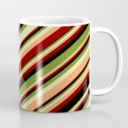 [ Thumbnail: Colorful Green, Pale Goldenrod, Brown, Dark Red & Black Colored Stripes Pattern Coffee Mug ]