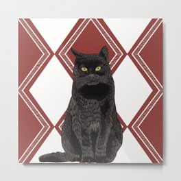 Black cat on a modern red and white diamond pattern background Metal Print