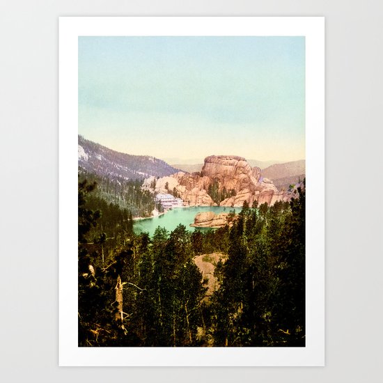 Forest mountains Lake Vintage Scenery Art Print