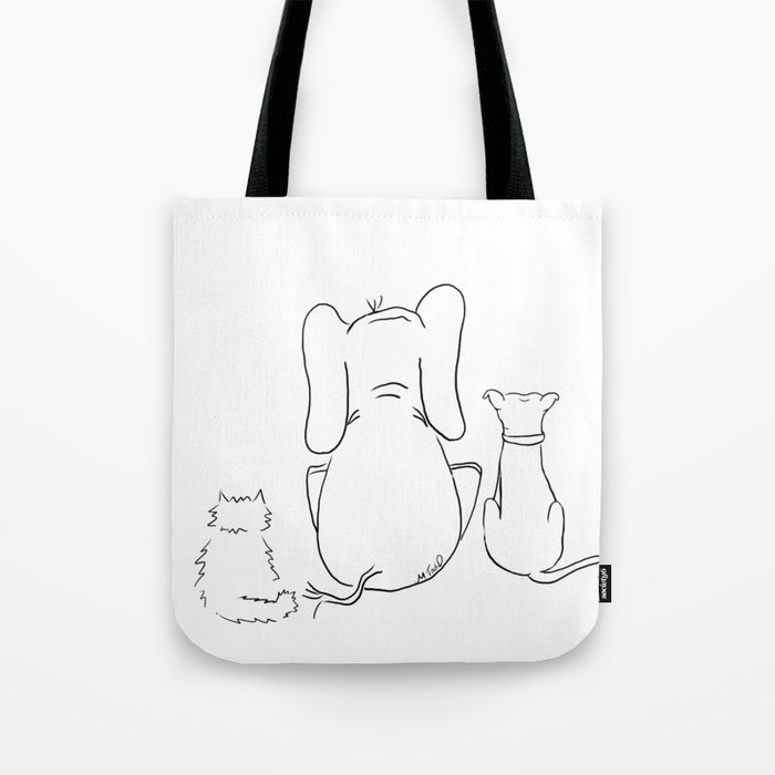 Cat, elephant, and dog friendship trio Tote Bag | Drawing, Digital, Elephant, Cat, Dog, Pit-bull, Cat-dog-elephant, Black-and-white, Drawing, Gift