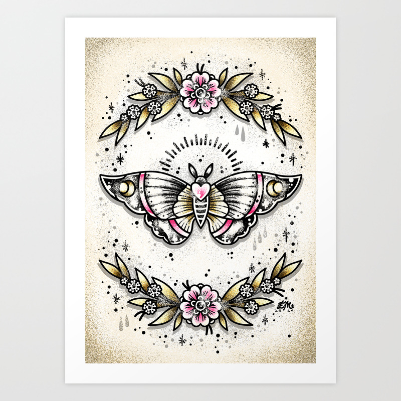 Decretive Moth Butterfly Vintage Style Goth Cute Traditional Flash Tattoo  Art Print by Ella Mobbs | Society6