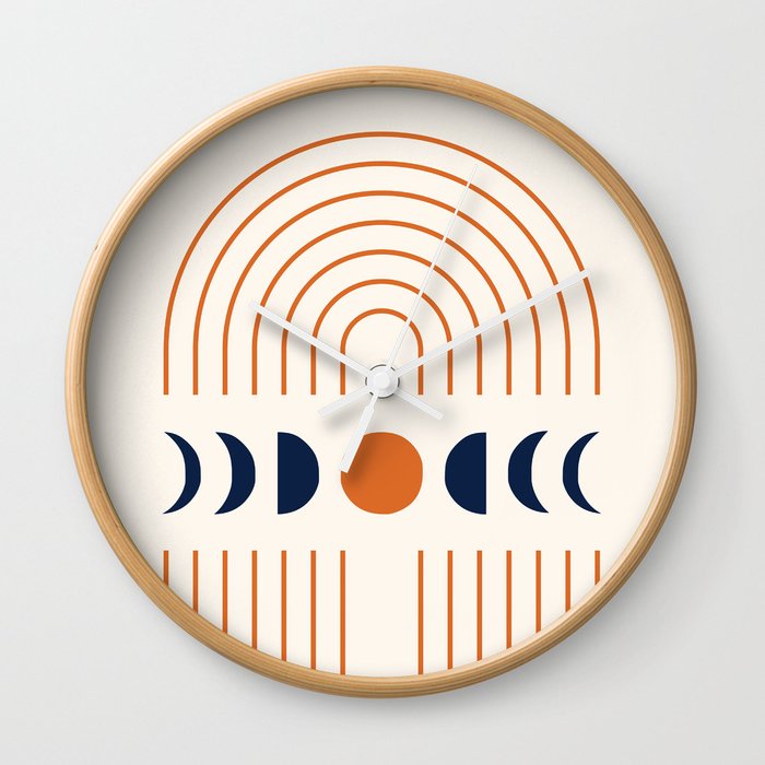 Geometric Lines and Shapes 1 in Navy Blue Orange (Rainbow and Moon Phases Abstract) Wall Clock