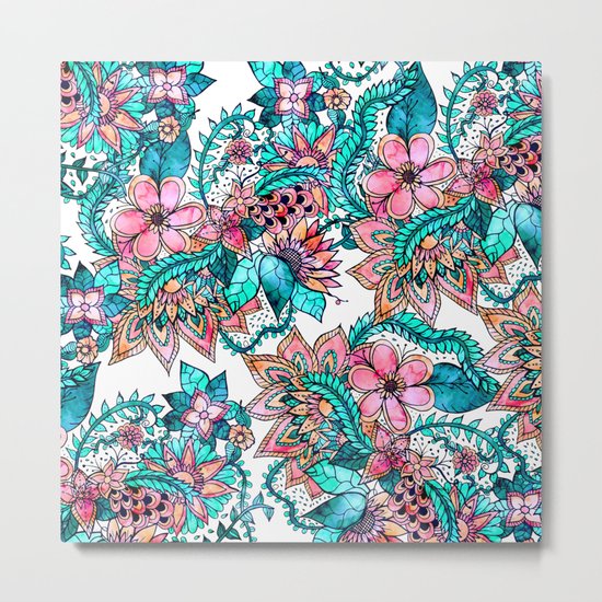 Boho turquoise pink floral watercolor illustration Metal Print