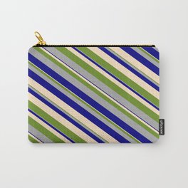 [ Thumbnail: Green, Dark Grey, Blue, and Bisque Colored Stripes/Lines Pattern Carry-All Pouch ]