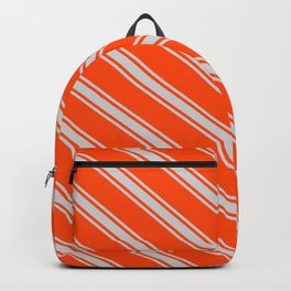 [ Thumbnail: Red and Light Grey Colored Lined Pattern Backpack ]