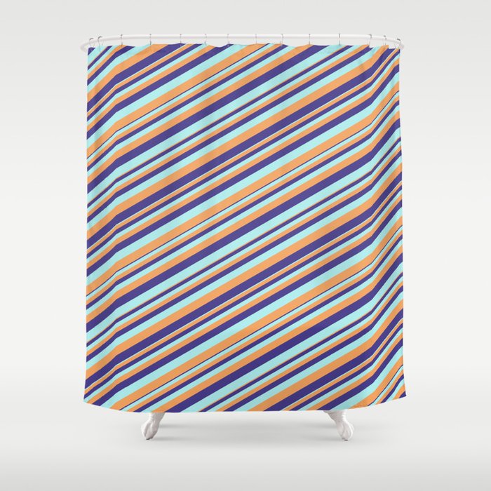 Dark Slate Blue, Turquoise & Brown Colored Stripes/Lines Pattern Shower Curtain