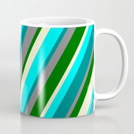 [ Thumbnail: Vibrant Gray, Dark Green, Light Yellow, Aqua, and Teal Colored Lines Pattern Coffee Mug ]