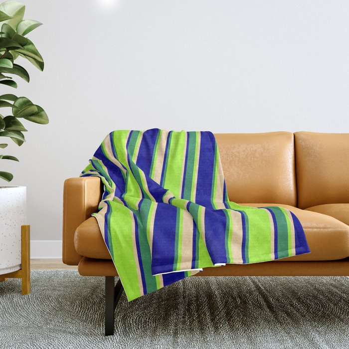 Light Green, Tan, Dark Blue & Sea Green Colored Striped Pattern Throw Blanket