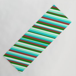 [ Thumbnail: Eyecatching Aquamarine, Dark Turquoise, Brown, Green, and Mint Cream Colored Pattern of Stripes Yoga Mat ]