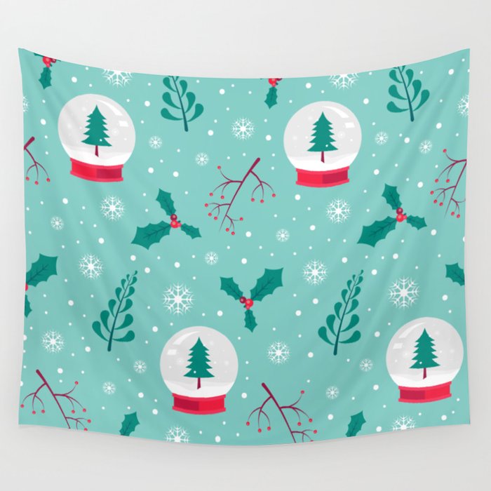 Christmas Pattern Turquoise Tree Globe Mistletoe Wall Tapestry