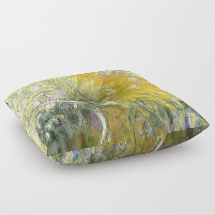 The Path through the Irises floral iris landscape painting by Claude Monet in alternate yellow Floor Pillow