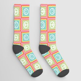 Funky Checkered Smileys and Peace Symbol Pattern \\ Candy Color Palette Socks