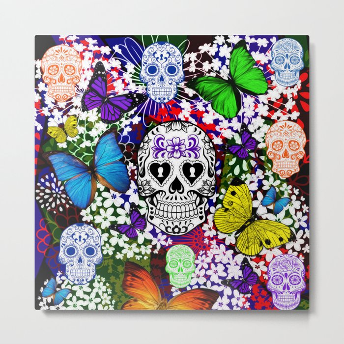 Day Of The Dead , Butterflies and Sugar  Skulls Metal Print