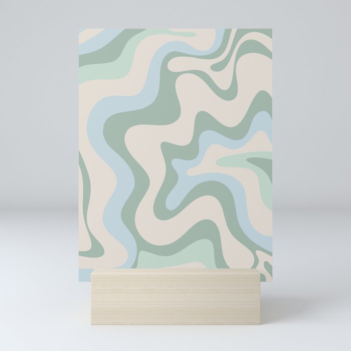 Retro Liquid Swirl Abstract Pattern Celadon Green Baby Blue Beige Mini Art Print