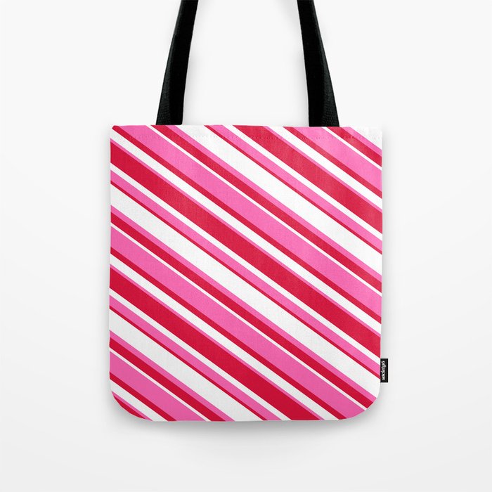 Crimson, White & Hot Pink Colored Striped/Lined Pattern Tote Bag