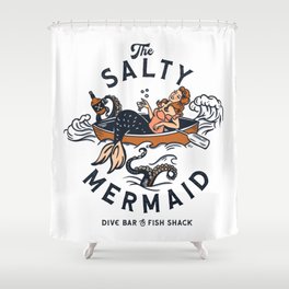 The Salty Mermaid Dive Bar & Fish Shack - Retro Pinup Mermaid Travel Art Shower Curtain