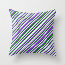 [ Thumbnail: Grey, Purple, Green & Lavender Colored Lines/Stripes Pattern Throw Pillow ]