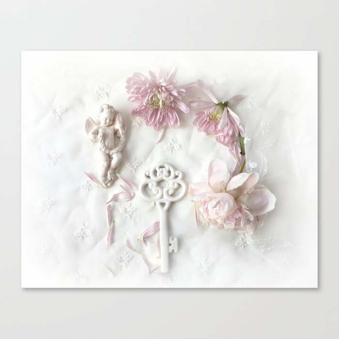 Shabby Cottage Romantic Pink White Peony Skeleton Key Art Canvas Print